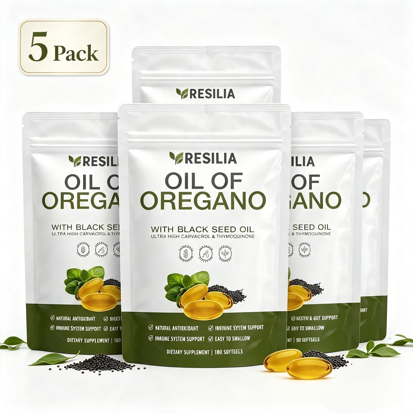 1-5Pack Resilia Oil of Oregano 6000mg with Black Seed Oil Softgels – 60 Capsules
