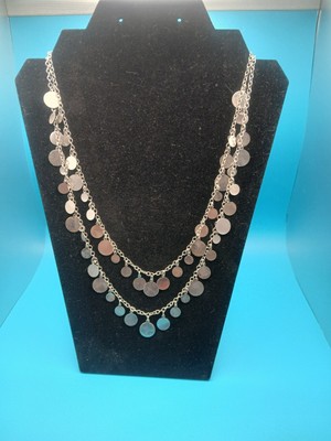 2 Strand Silvertone Necklace 20-23'' Round Reflective Discs