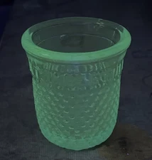 Vintage 'Just a Thimble Full' Shot Glass Mosser UV Reactive Blue Sewing Whimsy