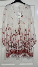 ZARA ECRU BRICK PRINTED COTTON BLEND SHORT TUNIC DRESS WITH TASSELS SIZE L BNWT