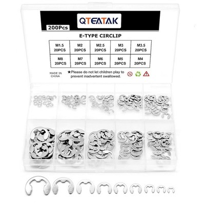 QTEATAK 200-Pcs 10-Size Stainless E-Clip Circlip External Retaining Ring... 