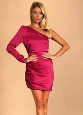 Lulus Satin One Shoulder Ruched Mini Dress Magenta Pink Side Zip Size Medium 