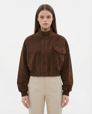 Women's Brown Suede Bomber Jacket Cropped Button Up Ribbed Cuff Casual Coat