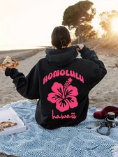  flowery letters print hoodie, drawstring casual hooded sweatshirt for winter 