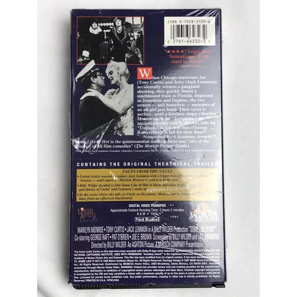 SOME LIKE IT HOT (VHS) MARILYN MONROE JACK LEMMON TONY CURTIS Classic Cinema - Image 2 of 3