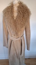 Jesiré Genuine Leather Coat Lamb Wool Fur Trim Long Belted UK 8 US 4 Vintage