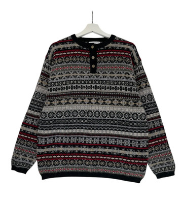 Vintage Croft & Barrow Pullover Herren M 100% Wolle Grandad Kragen Sweater Nordic