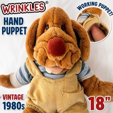 Wrinkles Dog Hand Puppet Vintage 1980s Bulldog Plush 18 w Overalls Toy