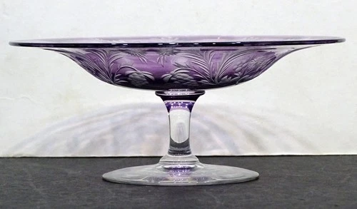 Signed STEUBEN Antique AMETHYST Engraved Cut Glass GRAPE & FLOWER #2760 Compote