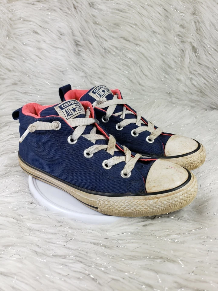 CONVERSE ALL STAR Chuck Taylor Juniors Size 4 Navy Blue Coral Pink Mid Sneakers - Image 2 of 4