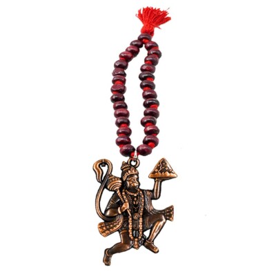 Metal Flying Lord Hanuman Red Wooden Mala Copper Car Hanging Ornament