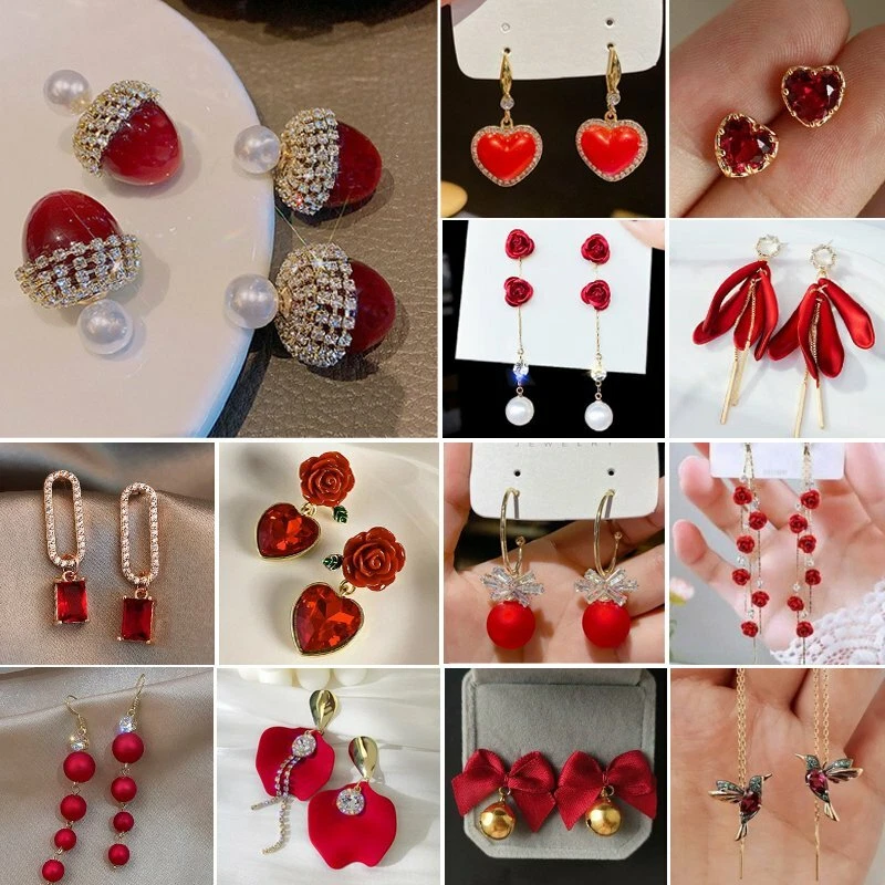 Fashion 925 Silver Red Tassel Stud Earrings Dangle Wedding Jewelry