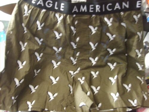 1 PR MENS~AMERICAN EAGLE~ARMY GREEN W/WHITE EAGLES~COTTON BOXERS~NWOT~SIZE MED - Picture 1 of 2
