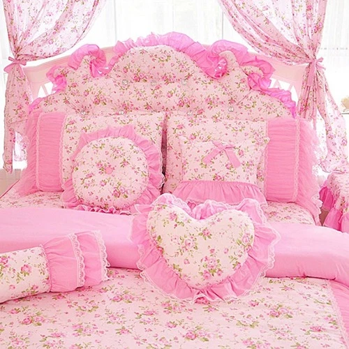 Korea Pink Princess Bedding Set Lace Bow Ruffles Flower Printed Cover Bed Skirt - Image 2 of 4