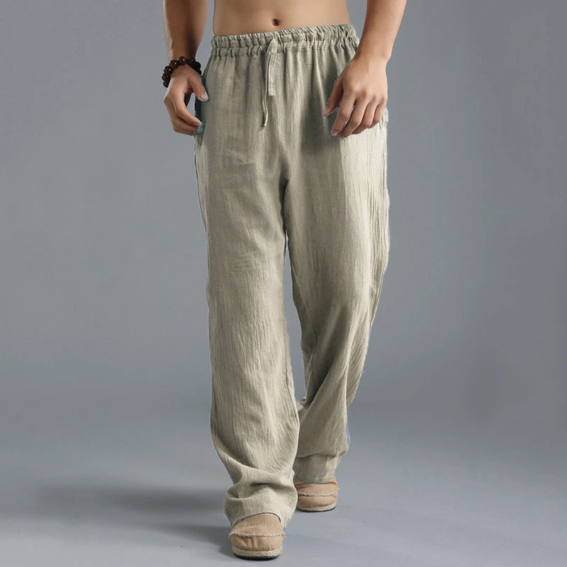 Men Vintage Chinese Cotton Style Pants Baggy Yoga Trousers Casual