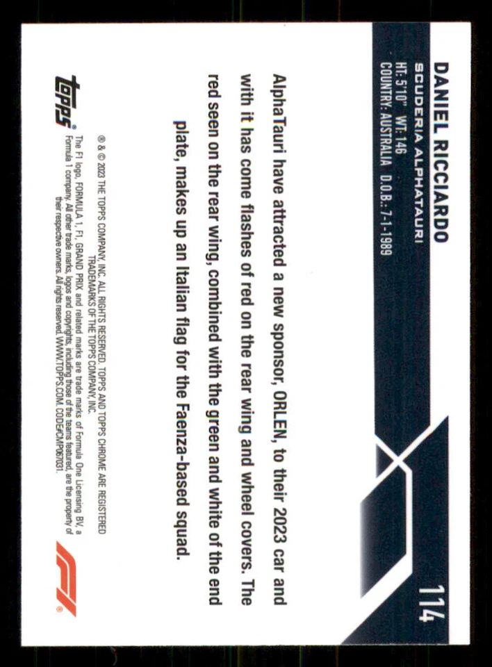 2023 Topps Chrome Formula 1 #114 Daniel Ricciardo CAR - Image 2 of 2