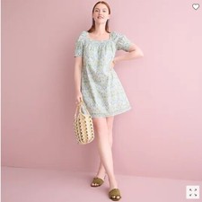 J Crew Women Liberty Green Blue Floral Square Neck Puff Sleeve Shift Dress Sz S