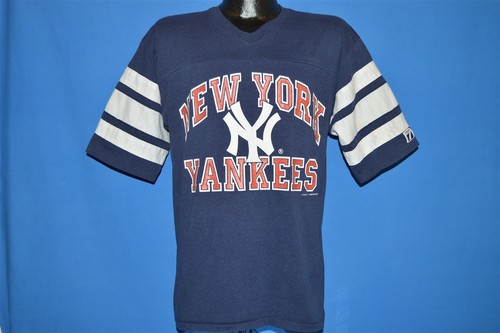 vintage 80s new york yankees logo 7 blue striped jersey t-shirt