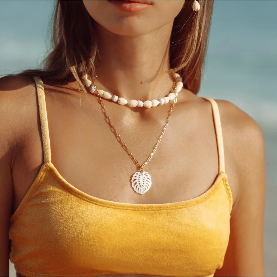 Damenkette Anhänger Gold Blatt 24K vergoldet Perlmutt Weiß Glücksbringer K6248DL - Bild 4 von 4