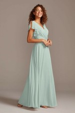 Davids Bridal V Neck Flutter Sleeve Bridesmaid Dress in Dusty Sage, Size 2