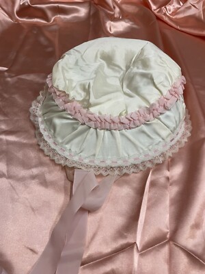 Antique Vintage Pink Frilly Floral Lace Ribbon Bed Night Hat  display picture 2