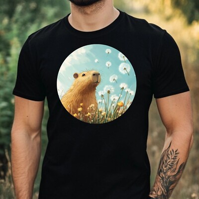 Mens Capybara Dandelion Print Cotton T-Shirt Size XS to 5XL