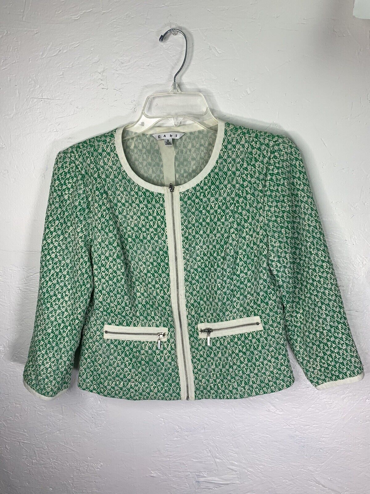 Cabi Green White Tweed Cotton Blend Zip Up Jacket 3/4… - Gem