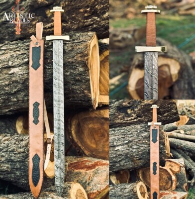Custom Handmade Damascus Steel Sword Viking Sword With Unique Leather Sheath