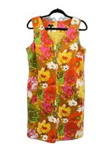 Talbots Shift Dress Women’s 14P Orange Retro Floral Back Zip Lined Sleeveless