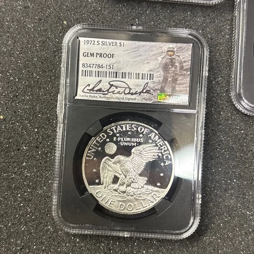 1972-S Gem Proof Eisenhower Silver Dollar Charlie Duke Astronaut Signed NGC 15B