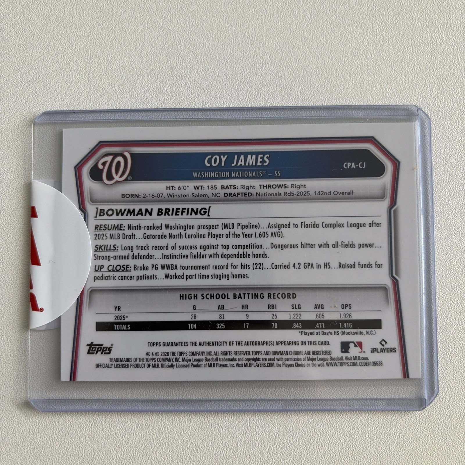 Coy James 2026 Bowman Chrome 1st PACKFRACTOR Auto /89 #CPA-CJ Nationals SS view 2