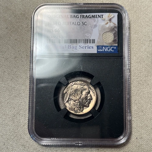 1938-D 5c Buffalo Nickel - NGC MS 66 Original Bag Fragment Label Series