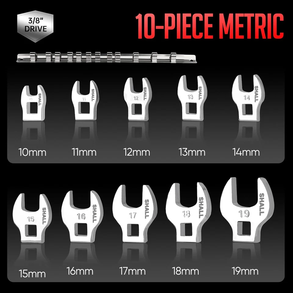 Set Chiave a Cesti Di Crowfoot Da 3/8", 10 Pezzi, Misure Metriche Da 10 a 19 Mm, - Immagine 2 di 4