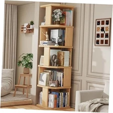 5 Tier Square Bookshelf Tower, Floor Standing Corner Bookshelf Modern Oak