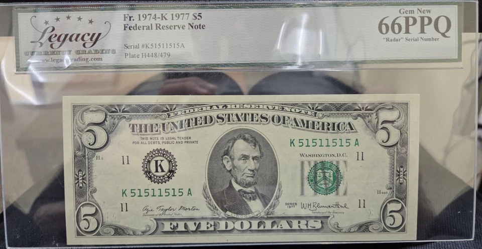 Fr1974-K (1) 1977 $5 RADAR SERIAL 51511515 DOLLAR BILL 66PPQ - Image 2 of 4