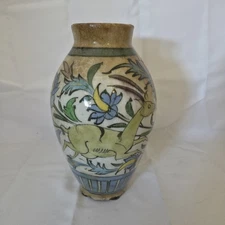 Antique Persian Middle Eastern Qajar Pottery Vase Jar Gazelle Flowers 
