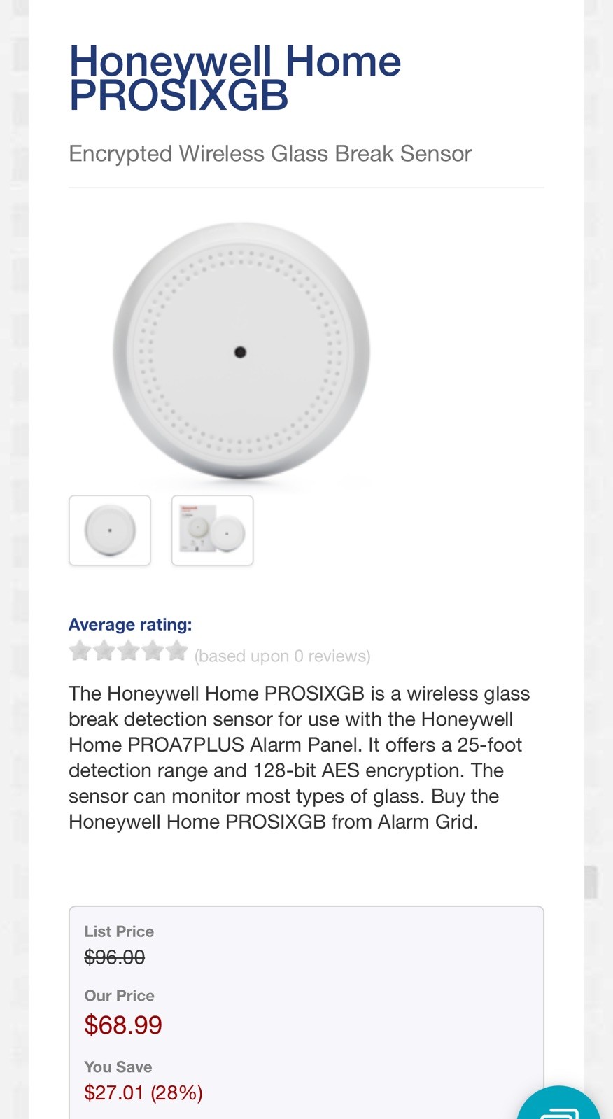 Brand New Honeywell PROSIXGB Pro Series Wireless Glassbreak Sensor, 25' Range