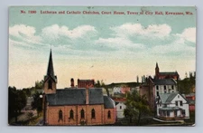 Antique Wisconsin Postcard KEWAUNEE Churches Court House 1909
