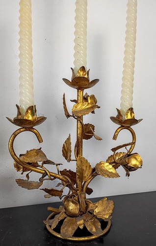 50er Paar Hollywood Regency Rosegold Italienisch Vergoldet Kerzenständer Florentine Tole - Bild 5 von 7