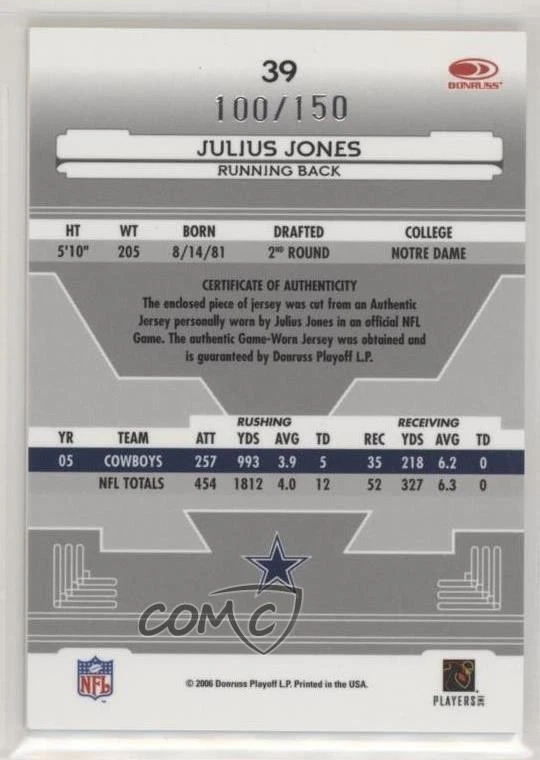 2006 Leaf Certified Materials Mirror Red Materials /150 Julius Jones #39 - Image 2 of 2