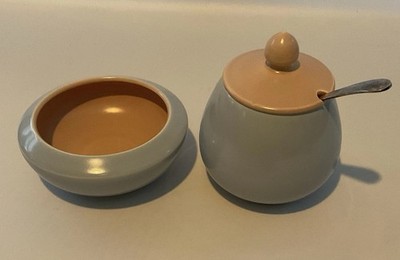 Vintage Poole Twintone Pfirsichblüte Nebel blau Deckel Marmeladentopf EPNS Löffel offene Schüssel