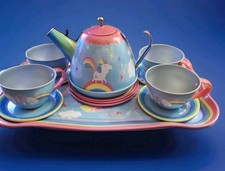 Schylling 2007 Tin Tea Set With Unicorns And Rainbows 13 Piece Set
