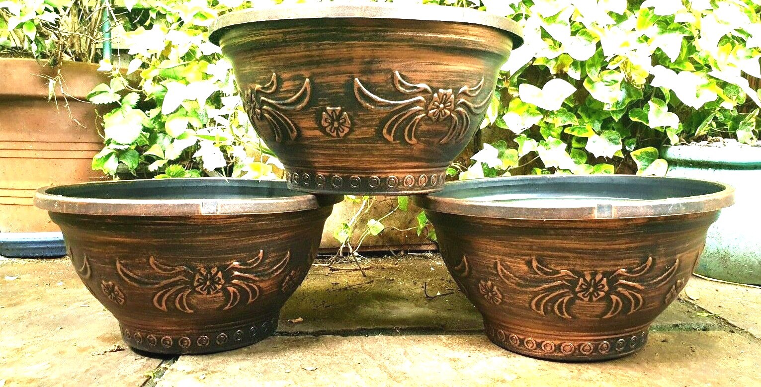 SET 3 LARGE LOW PLANTER CLAY TERRACOTTA COLOUR GARDEN PATIO PLANT POT