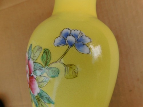 Vaso porcellana cinese vintage dipinto a mano fiori uccellino 10" - Foto 12 di 12