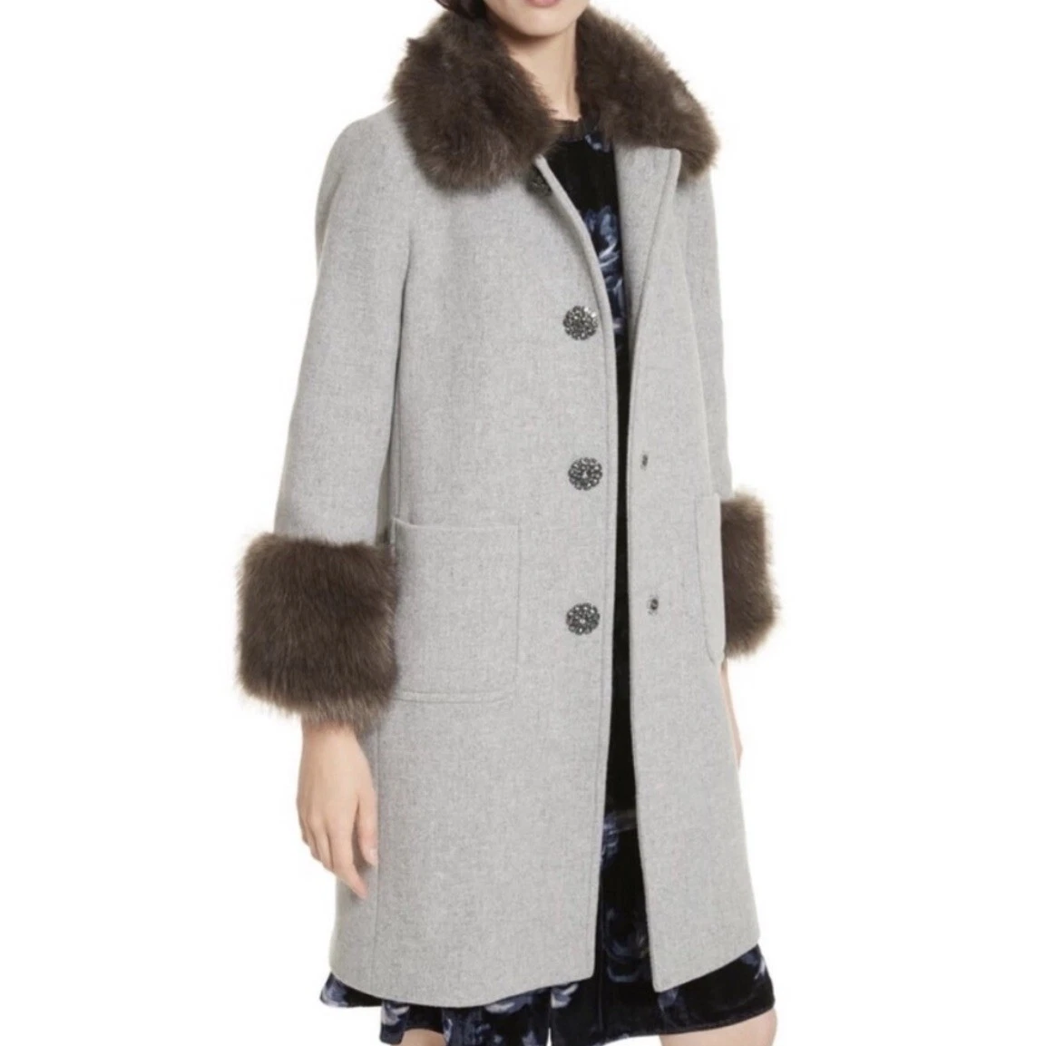 Cappotto di lana Kate Spade $798 stella pelliccia sintetica brillante bordo grigio taglia 14 designer