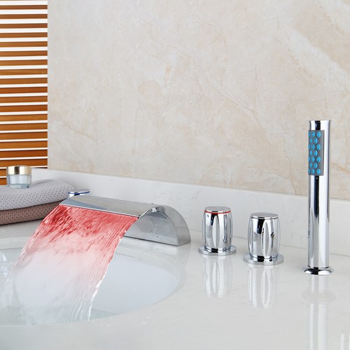 5 Pcs LED Waterfall Spout Hand Held Spray Bathtub Faucet Chrome Taps Deck Mount - Picture 3 of 10
