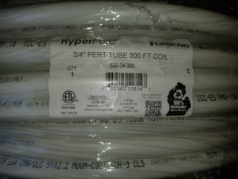 NEW 3/4" Legend HyperPure PERT Home Water Sys Tubing 300 Ft Roll 100 Yr Warranty