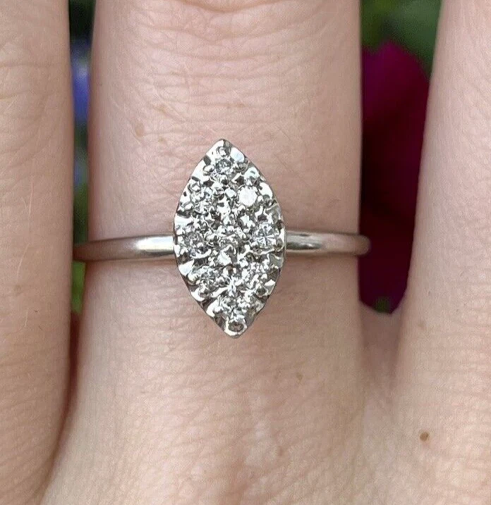 Estate 10k White Gold .15 Ctw Cluster Illusion Marquise Diamond Ring Size 7.25