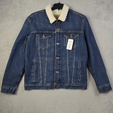 Levis Sherpa Lined Trucker Jacket Mens Medium M Denim DARK WASH Button Up NWT B