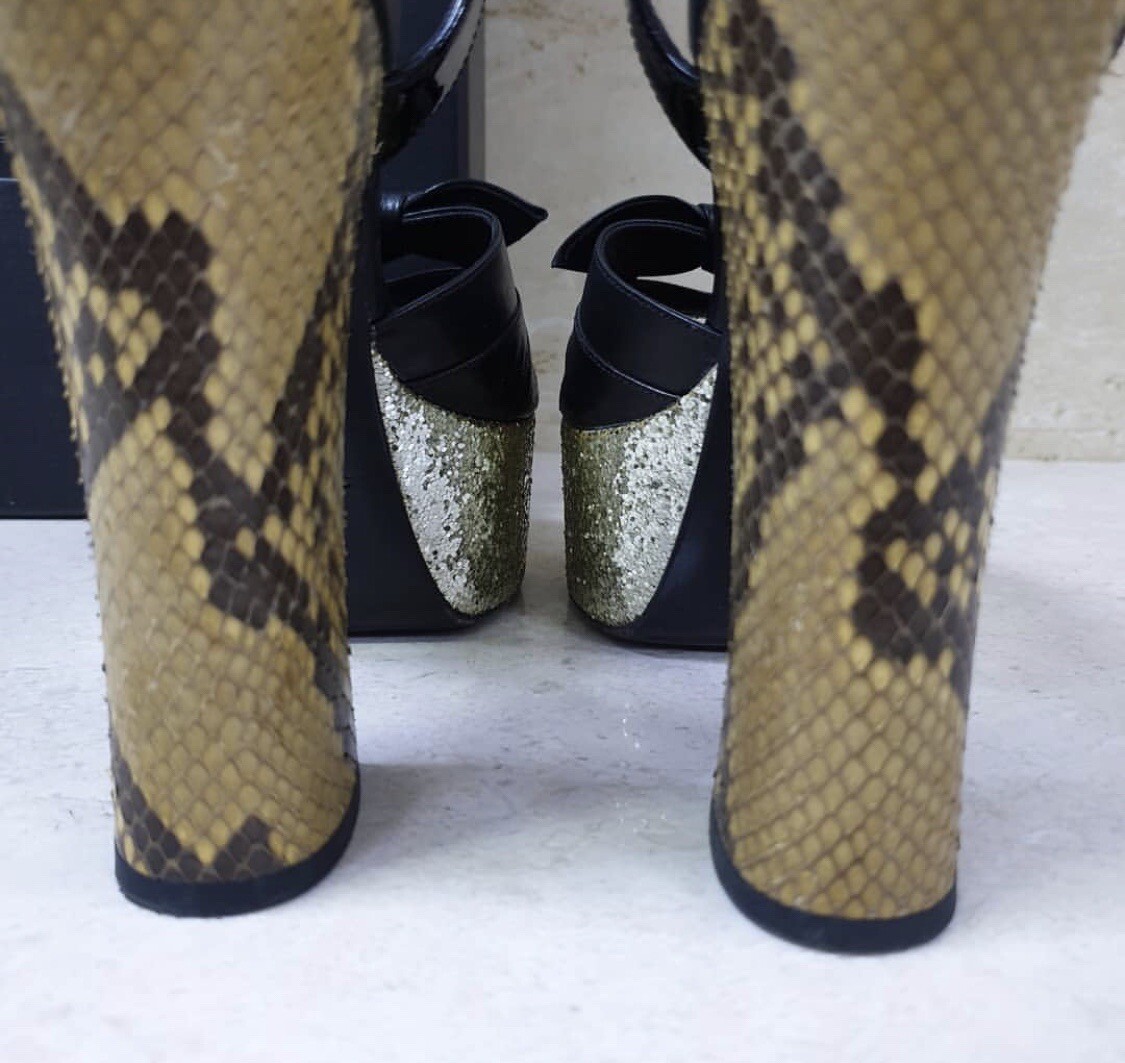 Saint Laurent Black Leather Python Heeled Platfor… - image 5